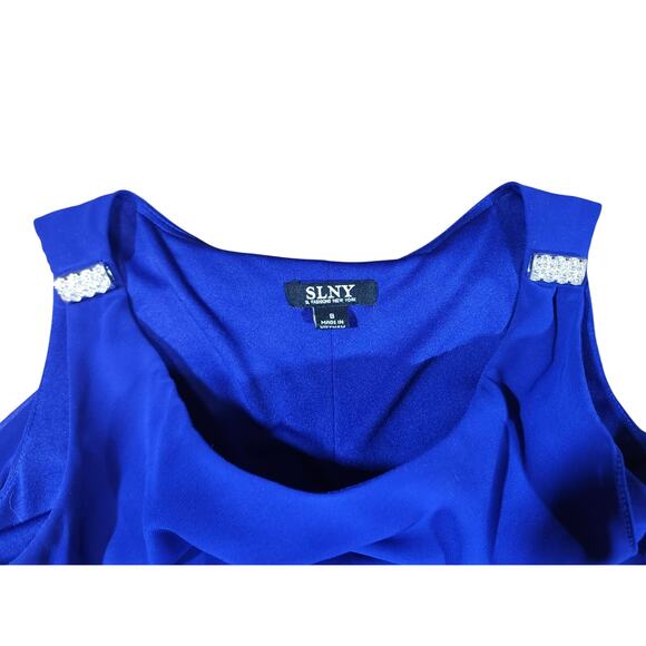 SLNY Women's Blue Chiffon Tiered Salsa Tank Dress 8 Whimsical Knee Length Boho - Picture 4 of 8